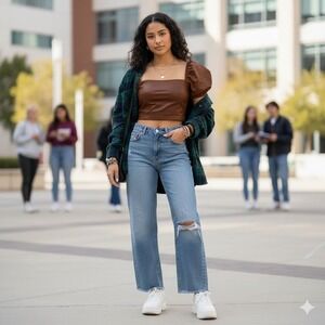 Faux‎ Leather Puff Sleeve Crop Top Brown Square Neck Sexy Party Going Out Medium